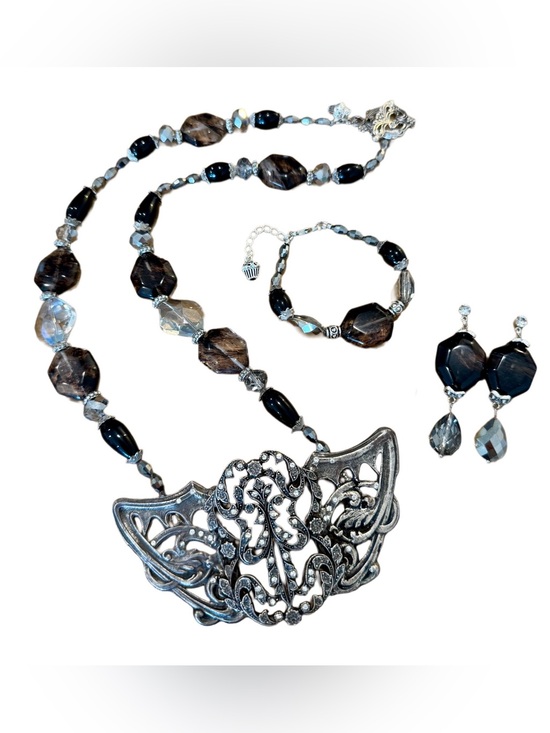 BakerJen Jewelry - Artisan Upcycled Antique Victorian Belt Buckle Ghost Crystal Beaded 3 Piece Set🧁